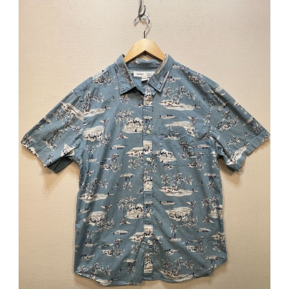 Old Navy Men's The Classic Shirt Slim Fit Palm Hawaiian Button Down Size L Blue